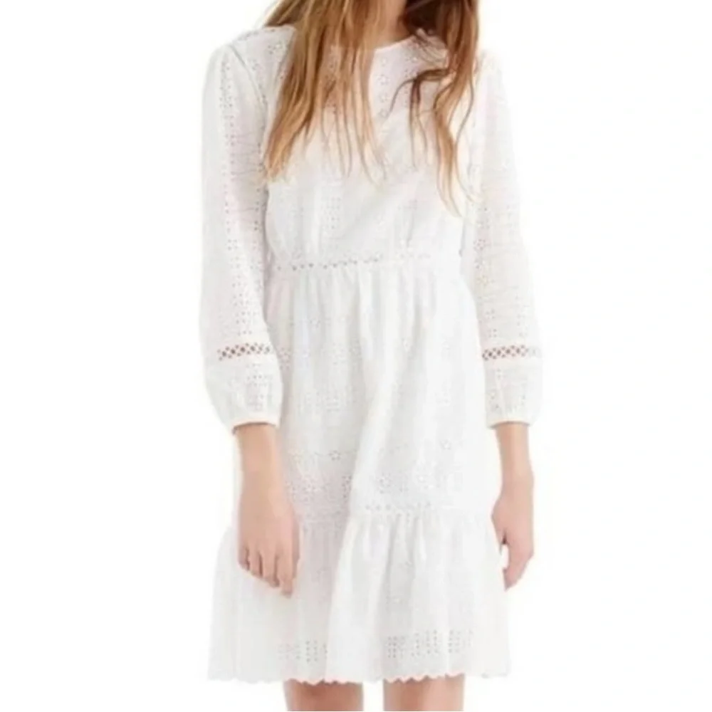 J. Crew White Eyelet Cutout Long Sleeve Lined Dress Size 4